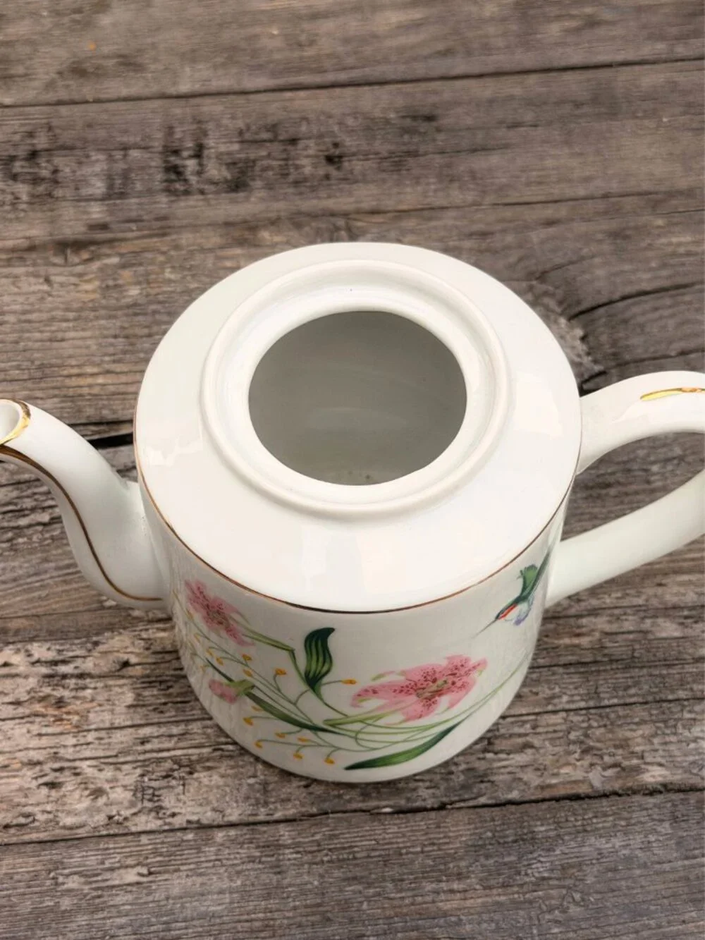Vintage MCM White Porcelain Teapot with Hummingbird & Pink Lily Flowers Japan